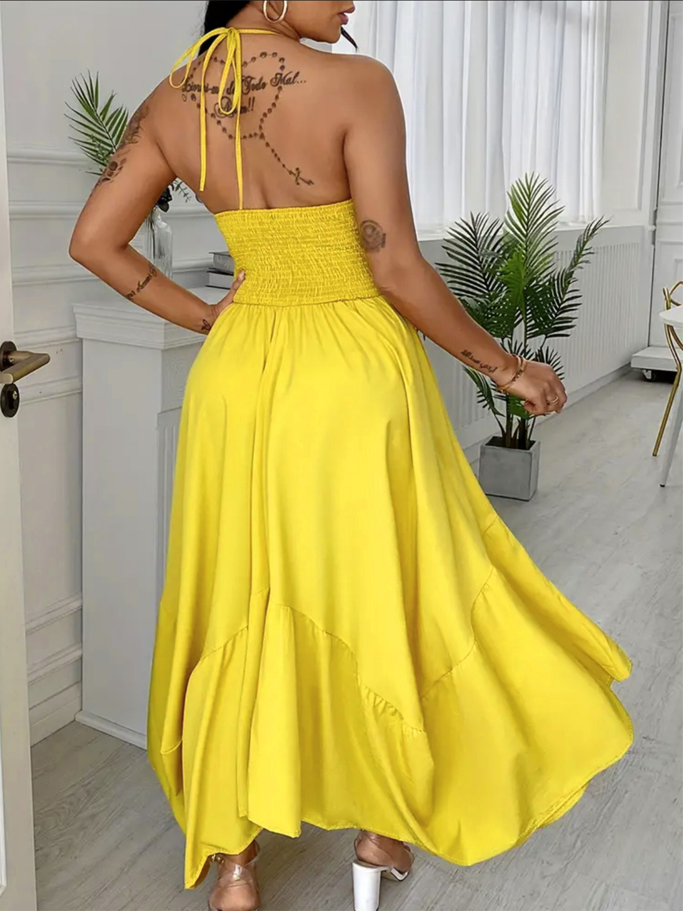 yellow backless halter dress Mermaid Deep Halter Yellow Satin Long Prom Dresses with Slit