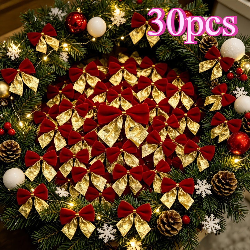 TEMU 30pcs Christmas Red Golden Tulle Bow Ornaments, Christmas Tree Decorations, Retro Premium Plush Bows, 3d Non-deformable, Red Velvet With Shiny
