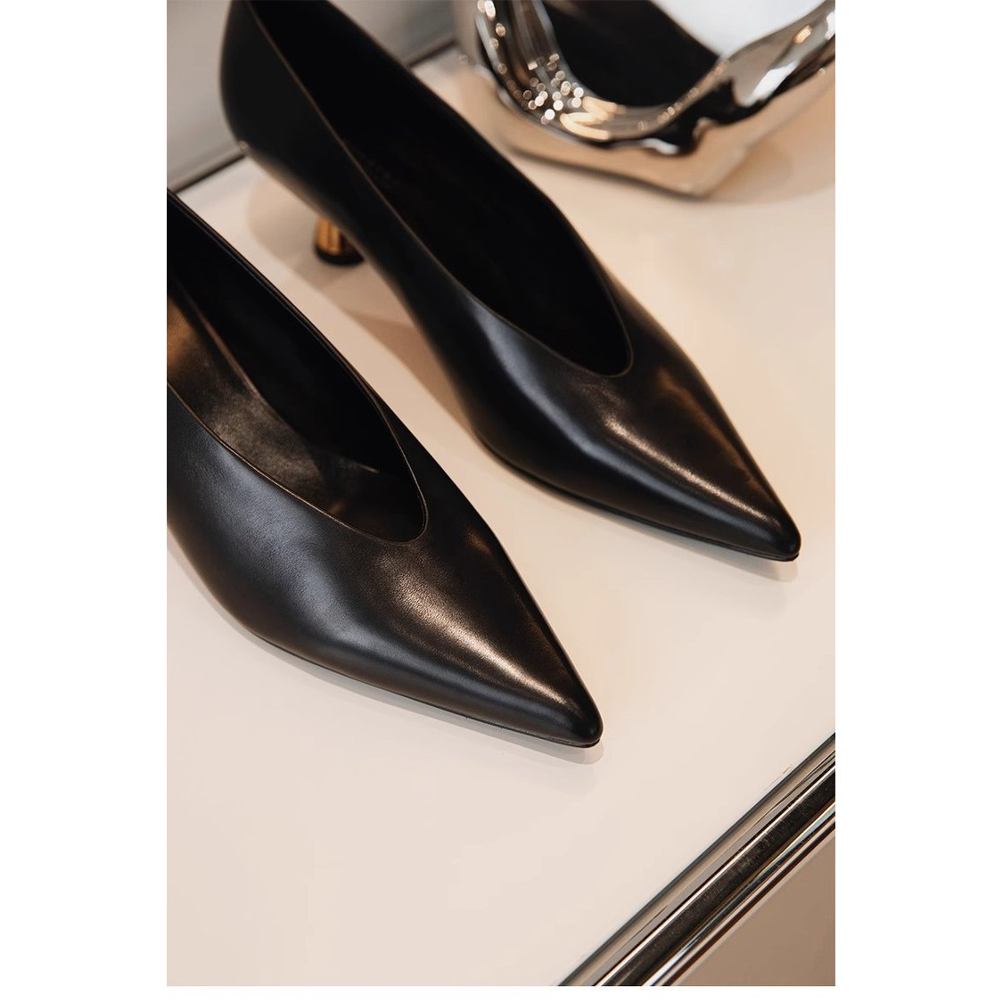 Image of Multi-tone Pointed Kitten Heel Pumps, Women's Golden Metal Cone Low Heel Shoes For Office Wear, Women Shoes