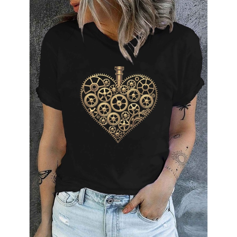 

Steampunk Heart Graphic Tee - Women’s Casual Short Sleeve Crew Neck Top With Design, Dark Gray Polyester For