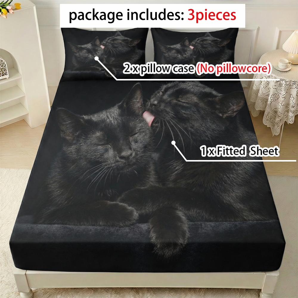 TEMU 3pcs 2d Flat Printed Cats Nuzzling Softly On Fitted Sheet And Pillowcase Set, Bedding - 1 Fitted Sheet   2 Pillowcases (without Core) -