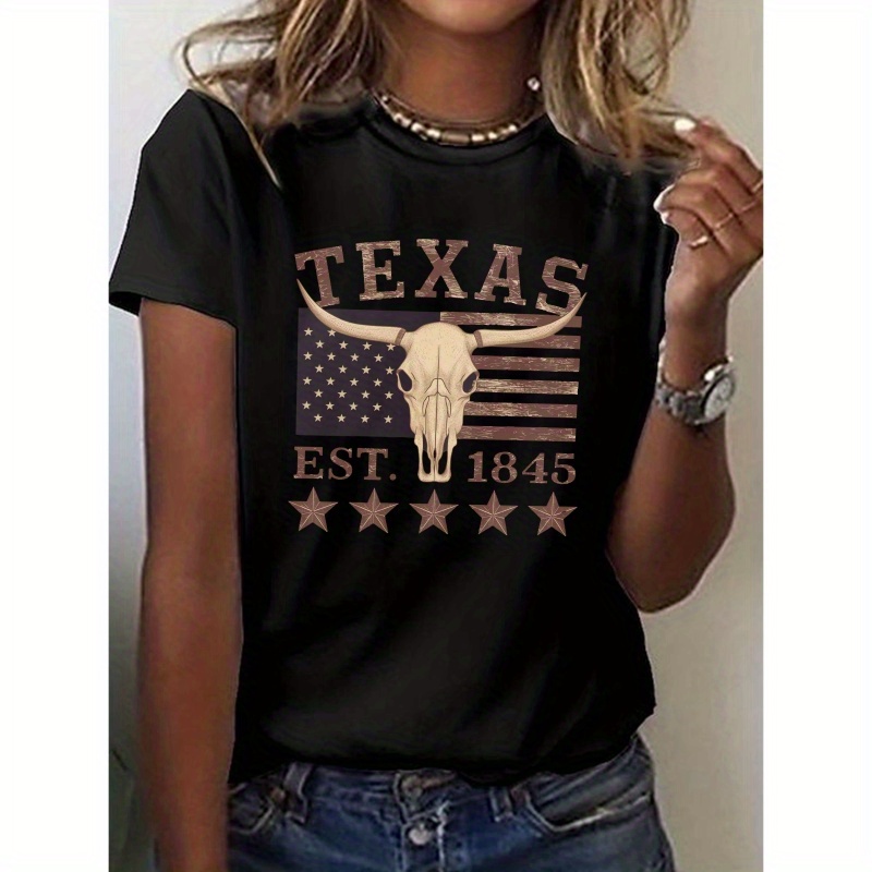 

Women' Western-style Texas Graphic T-shirt, Short Sleeve Crew Neck Casual Top With Bull Skull & , , Casual Summer Top | Graphic Crew Neck | Polyester Fabric, Western T Shirts