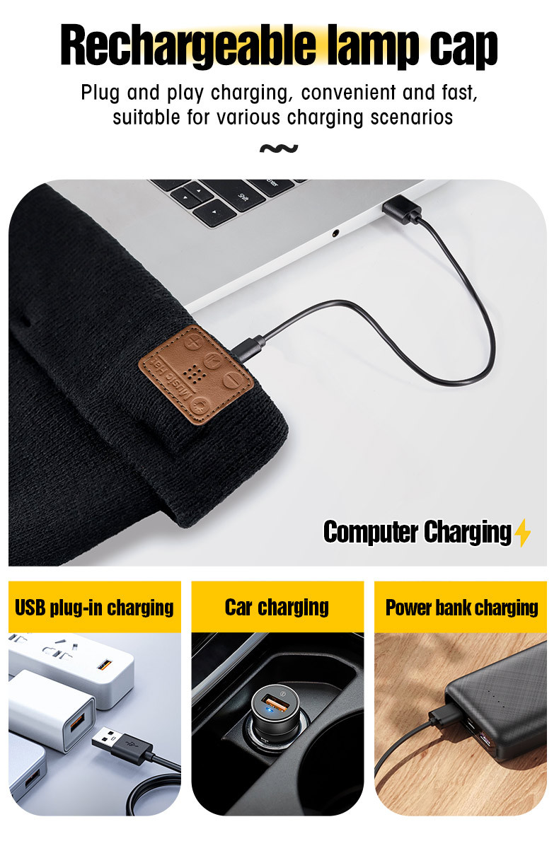蓝牙led黑色针织帽 | 免提音乐与内置灯光 | usb-c充电冬季头套，适用于露营、慢跑、夜间安全，情人节通用礼物 商品详情 3