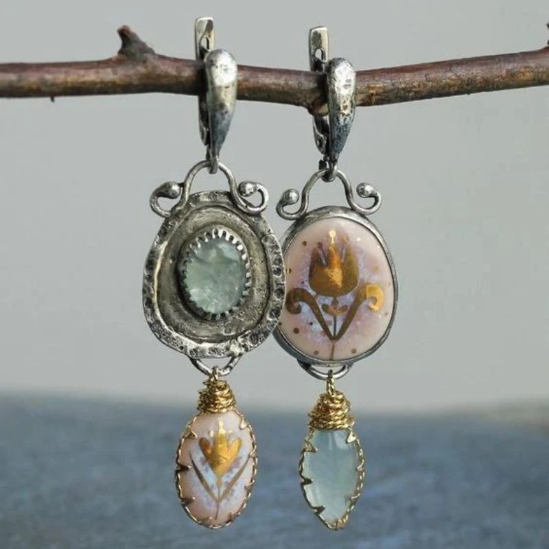 1 Pair Vintage Floral Asymmetric Teardrop Hoop Earrings, Bohemian Artistic Additions, Casual Garden Daily Jewelry, Gifts For On Birthdays, Valentine's Day, , And Anniversaries