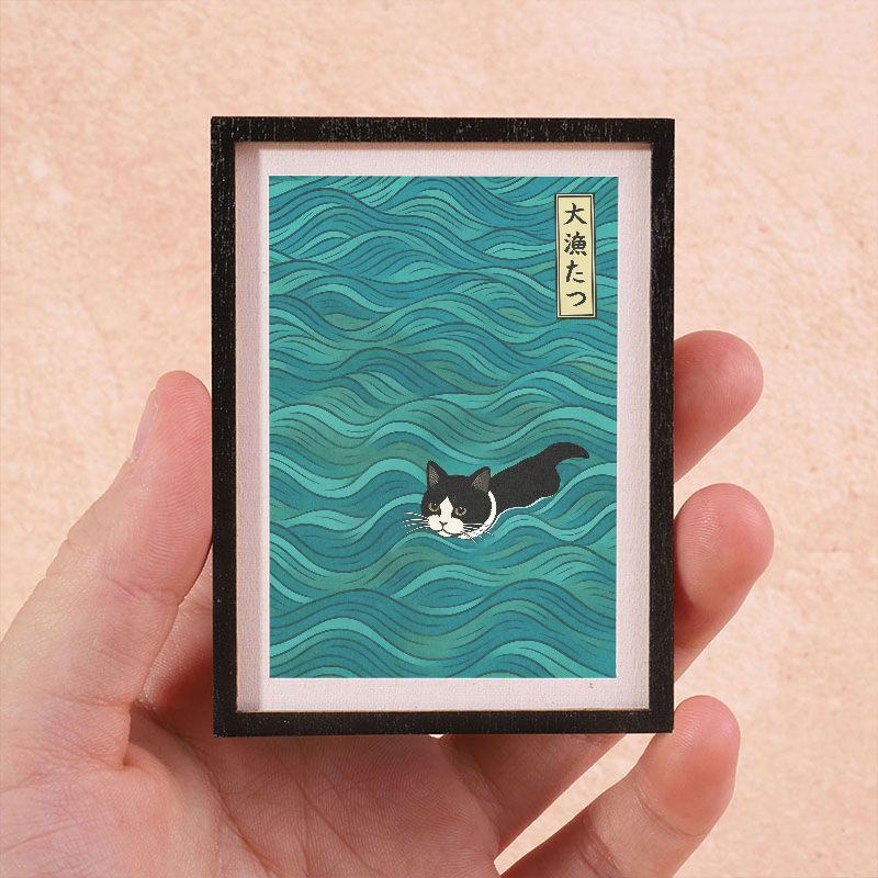 TEMU 1pc Mini Square Framed Picture Suitable For Home Decor - Wood Frame With Calico Cat Swimming, Black Frame Suitable For Refrigerator Magnets,