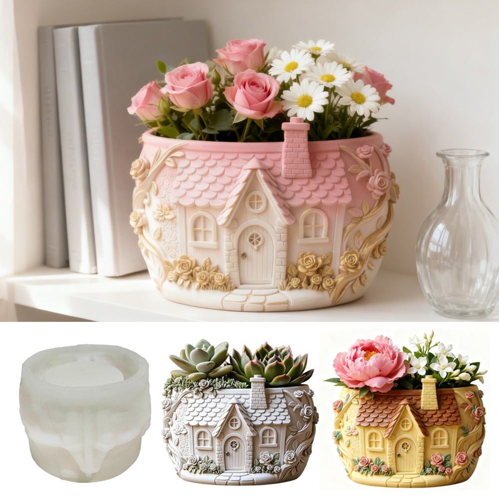 Image of Pastoral Fairy Tale Pot Silicone Mold, Diy Craft Mould For Cute Cottage - Shaped Resin Planters, Ideal For Succulents, Air Plants, Home Decor & Gift - Making