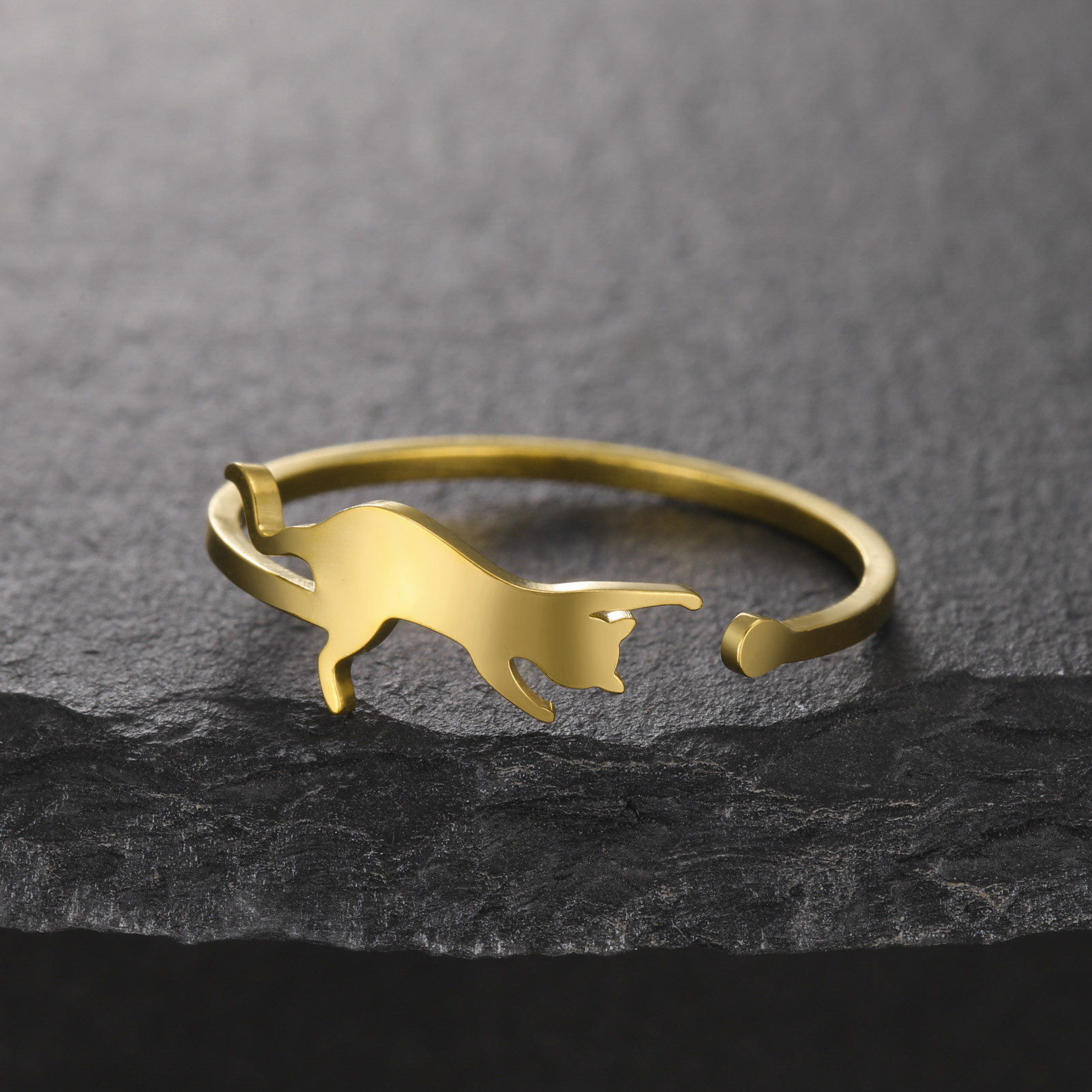 Cat Design Adjustable Stainless Steel Ring, Casual Style