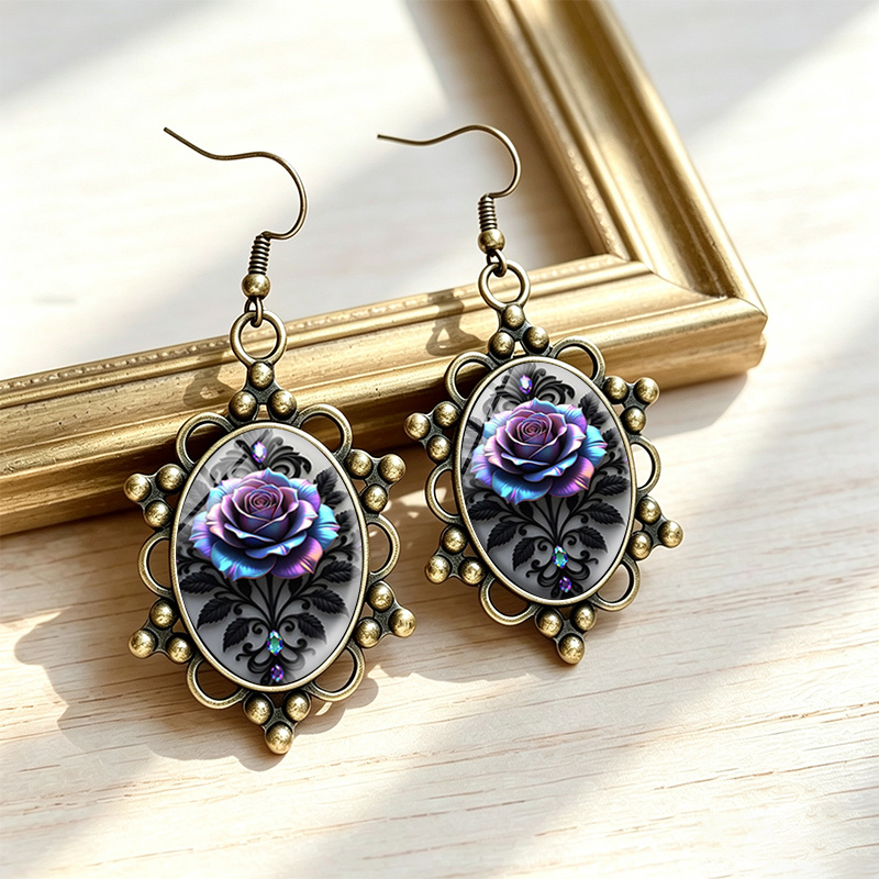 Vintage Glass Rose Dangle Earrings, Unisex Gift
