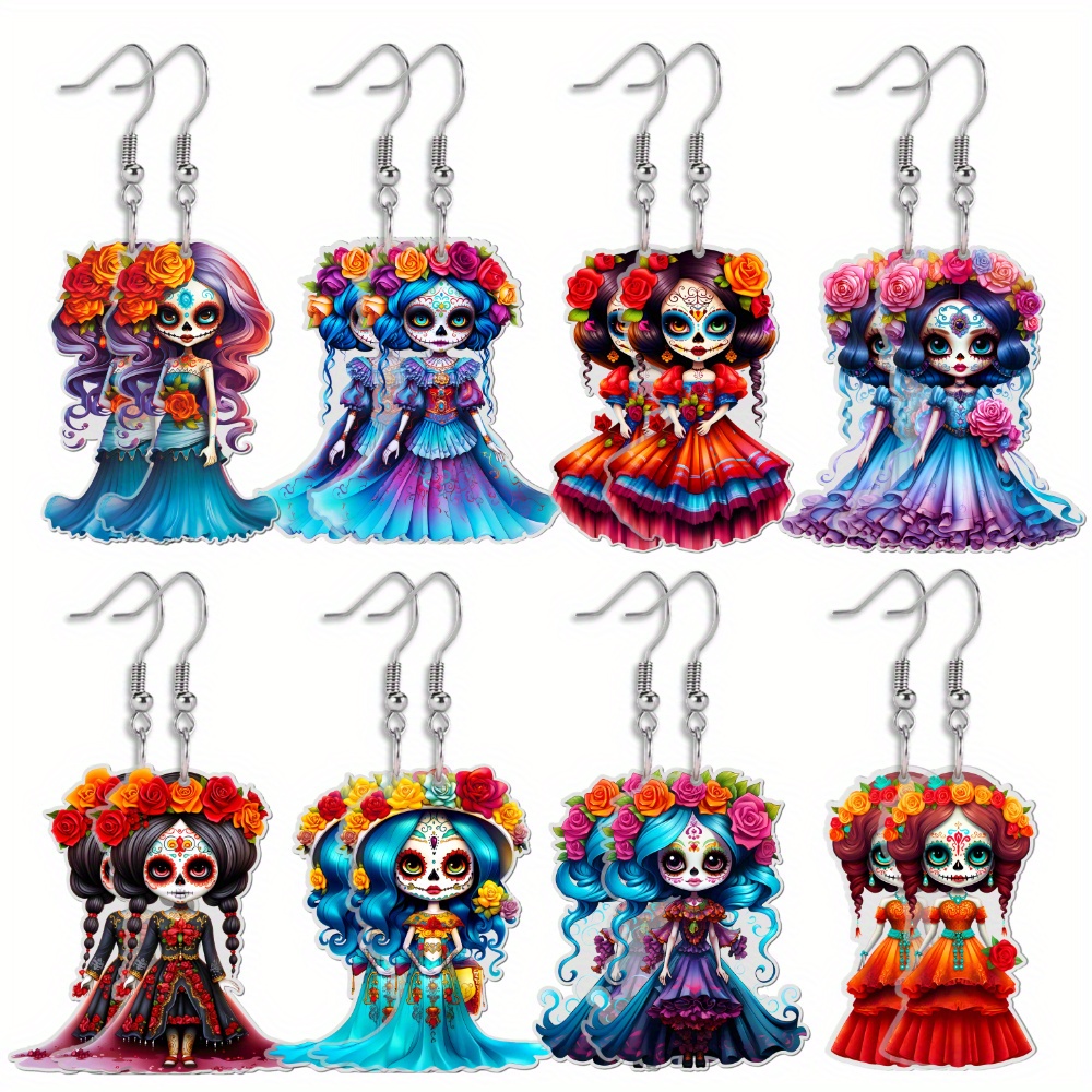 TEMU [2d Flat] 8 Pairs Of Exquisite Acrylic Earrings - Sugar Skull With Vivid Flower Crown, Available In Various Hair Colors For Style, Without