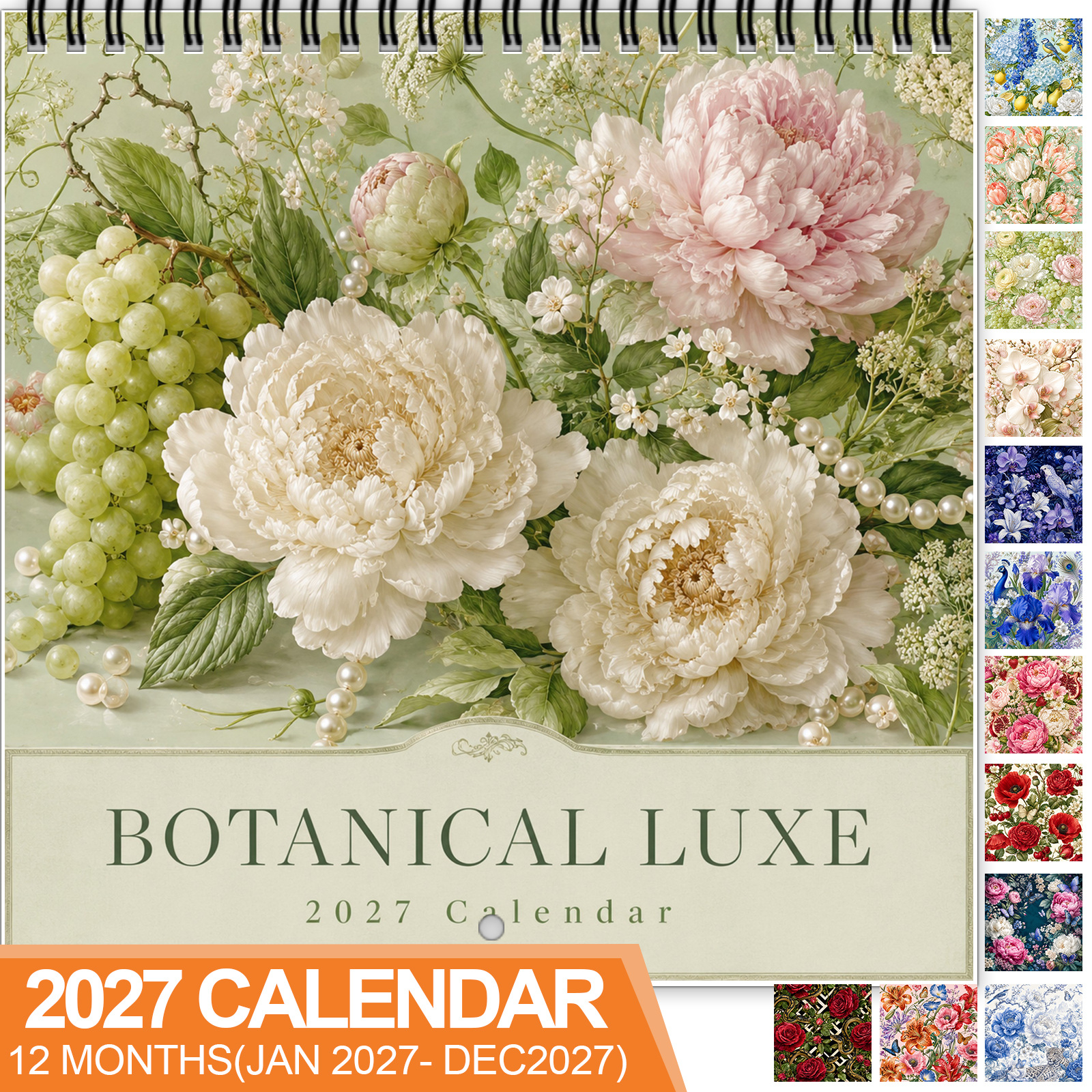 TEMU 2027 Botanical Luxe Wall Calendar - Elegant With Vintage Roses, Peonies & Pearls Suitable For Home Office Decor, Twin Wire Hanging Design,