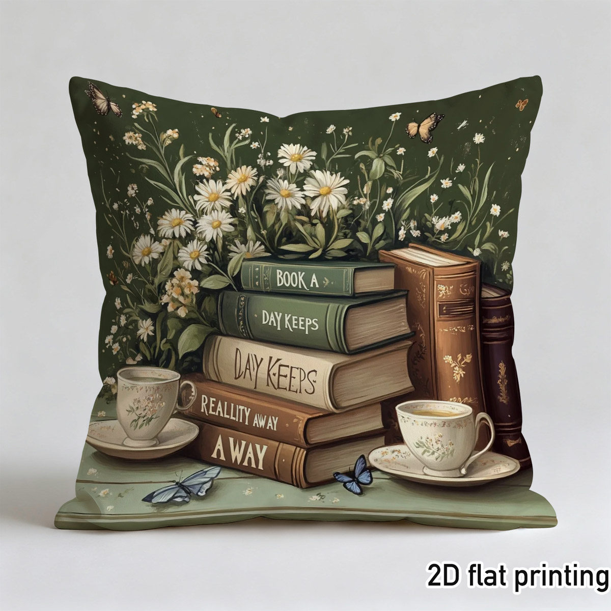 E-shop 1 Stück Vintage Kissenbezug im Bücherstil, doppelseitiger Druck mit Blumen, Schmetterlingen und Teetassen. Hergestellt aus strapazierfähigem