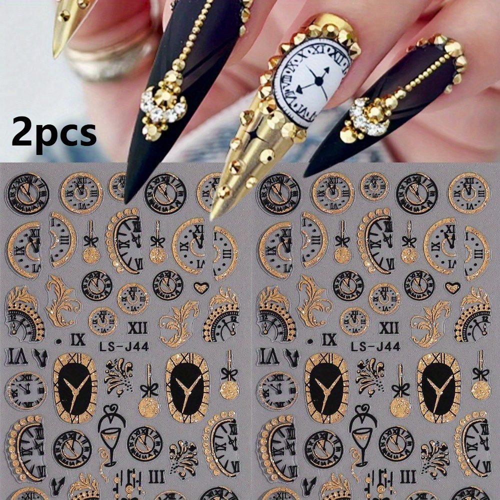 2pcs Clock Nail Art Sticker Shiny Golden Glitter Wine Glass Festival Fireworks Nail Art Self-adhesive Decal Additions