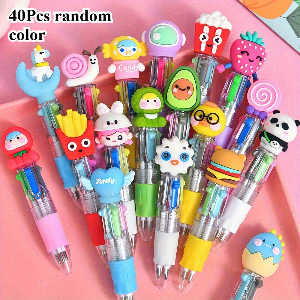Image of 40 Cartoon In 1 Pens, Random, 4 Colored Ink Ballpoint Pens, Portable, Perfect For Parties, Classroom Prizes, Birthday Gifts, Pen Sets, Stationery Gifts