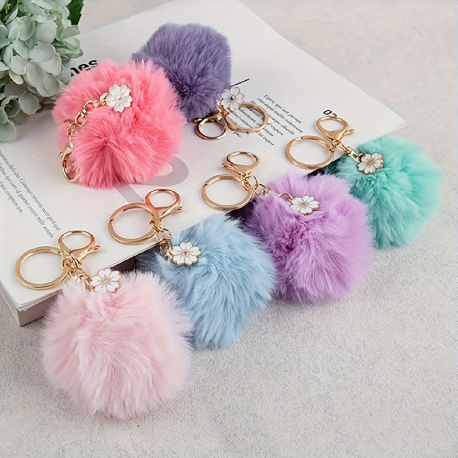 TEMU 6pcs Artificial Keychains, Fluffy Yarn Ball Keychains With Floral Decorations, Cute Women's Handbag Accessories, Soft Keychains For Wallets And Bags