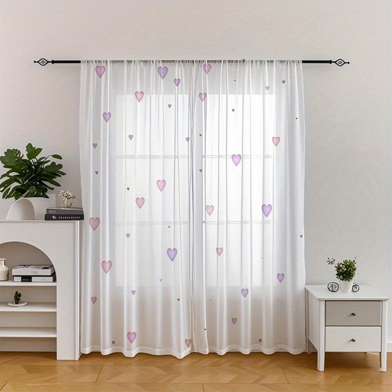 TEMU 2pcs Pink And Hearts Scatter, Romantic Soft Modern Print, Home Decoration Light Filtering Yarn Curtains, Suitable For Kitchen, Living Room,