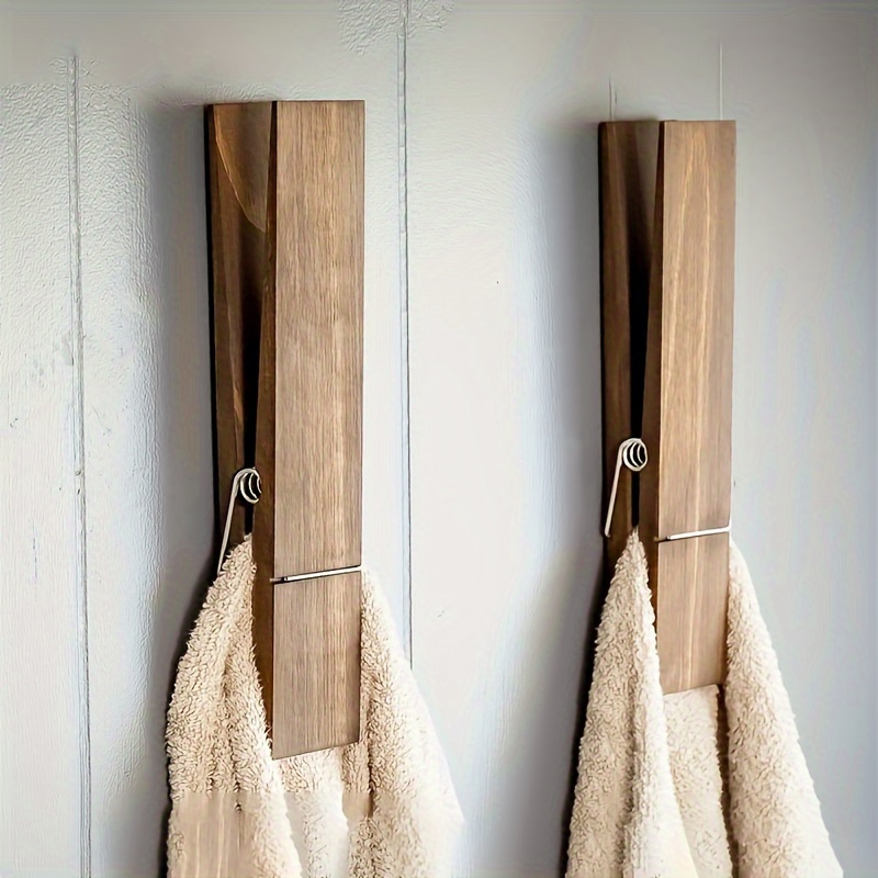 TEMU 2pcs-extra-large Wooden Clip Towel Holder Set For Bathroom- Farmhouse Decor Wall-mounted Towel Rack- Multipurpose Home Laundry Decoration, No Electricity Required