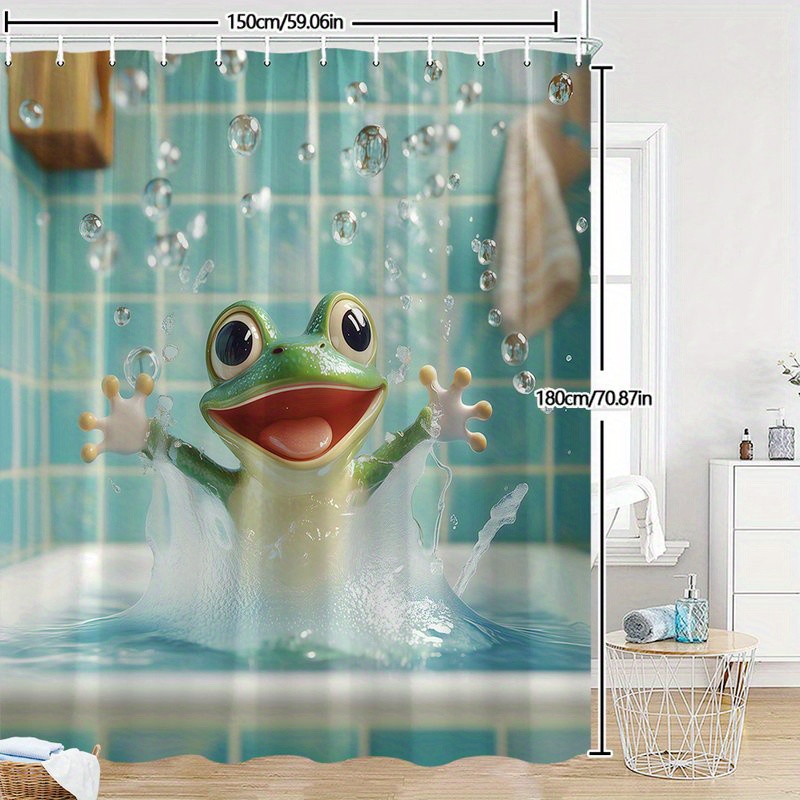TEMU 1pc Cartoon Frog Bathtub Shower Curtain - Splashing In White Tub, Blue Bathroom Design, Polyester Fabric With Hooks, Fun Whimsical Animal Theme