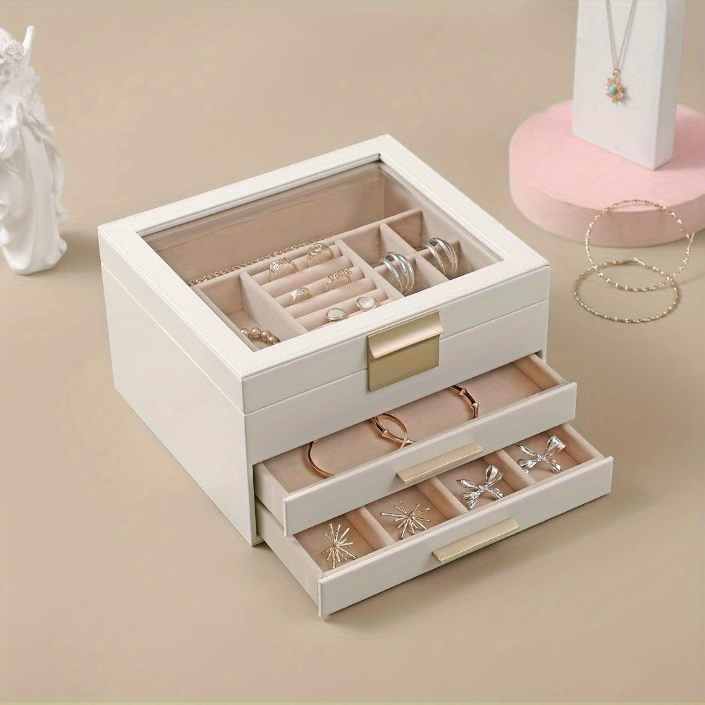 1pc jewelry box with glass lid 3 layer jewelry organizer 2 drawers for big and small jewelry jewelry storage   9   x 5 3 inches Product details 1