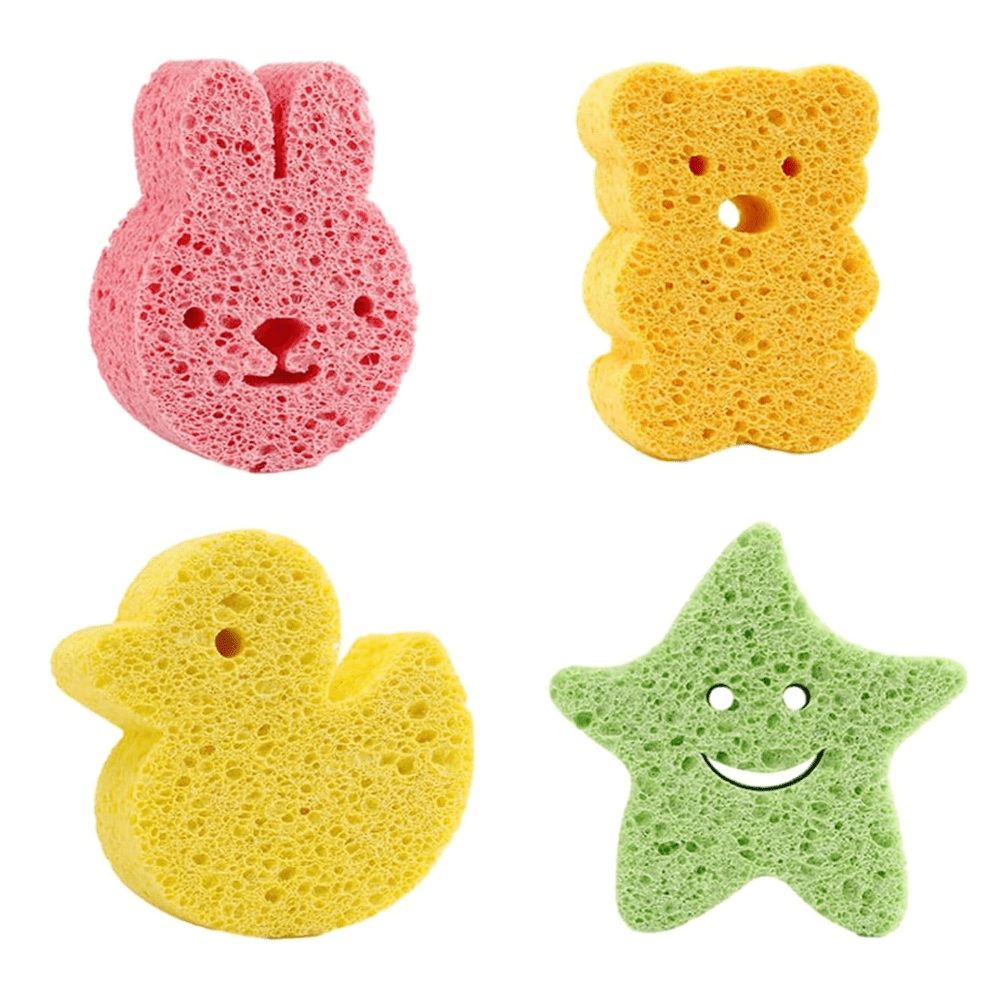 4pcs Cute Cartoon Bath Sponges - Gentle Exfoliating Shower Scrubbers