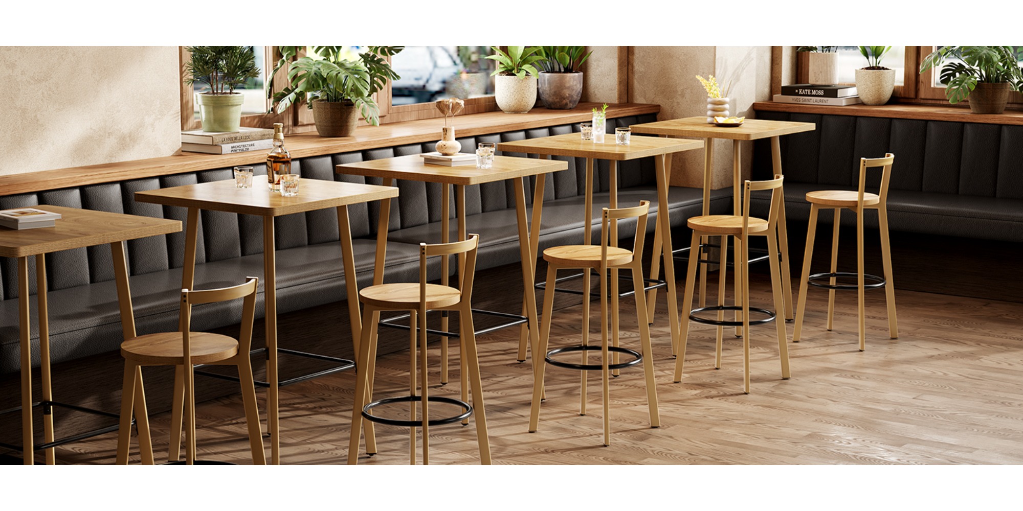 2-Seater Bar Table And Chair Set, 39.4' Height Square Bistro Pub Table with 2 Chairs & Footrest, Compact Cocktail Bar Height Table Set for Small Space, Dining Area, Cafe, Kitchen, Living Room, Apartment & Balcony