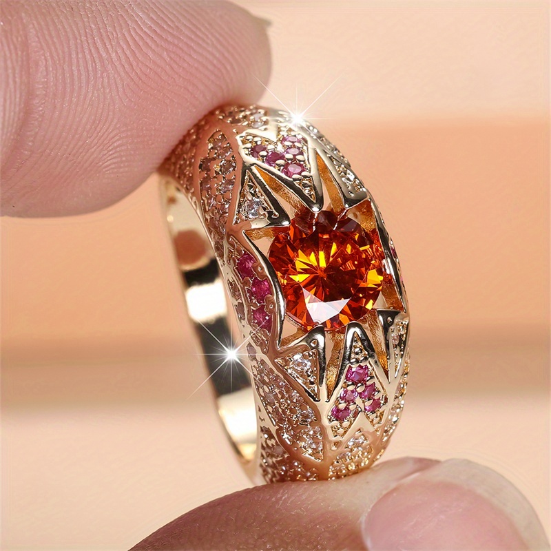 Image of 1pc Golden Color Round Cut Pattern Ring Wedding Band Valentine's Day Jewelry, For Teenager