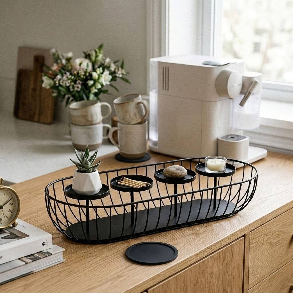 TEMU Matte Black Long 4-hole Advent Candelabra, Oval Hollow Four-post Candle Tray Set With Non-slip Mats, Mesh-style Table Centerpiece Decor For