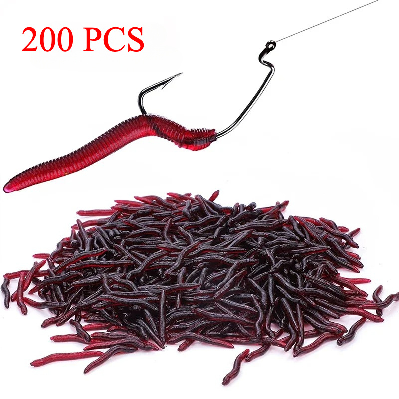 

200 pièces de leurres de pêche souples, appâts en PVC rouge réalistes, vers en silicone parfumés, plomb pour la pêche en eau douce et en mer.