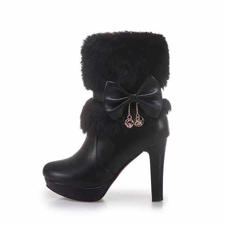 Women'S Winter Warm Fleece-Lined Ankle Boots with Plush Furry Collar & Bowknot - Chunky Heel, Round Toe, Zipper Closure, Lightweight Durable PU Cover, Cushioned Insole & Arch Support - Elegant Cold-Proof Boots for Outdoor Walking, Casual & Formal Ou