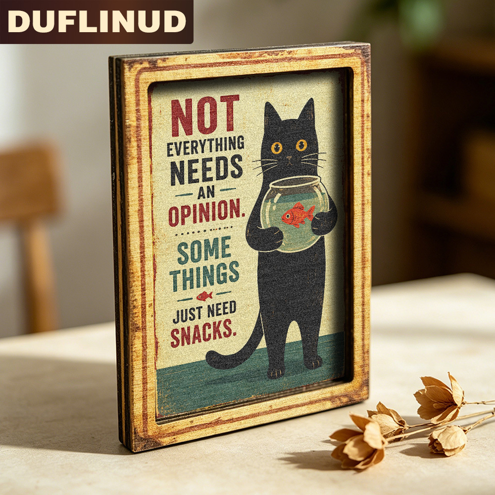 TEMU Humorous Style Fridge Magnet, Mini Decorative Plate With Cat Holding Fish Tank Design And Text, Wooden Fridge Sticker, Exquisite Kitchen Door