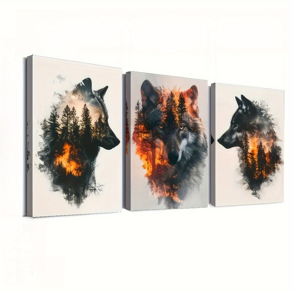 TEMU 3pcs Wolf In Forest Framed Canvas Wall Art - Abstract Wolf Portraits With Wrap-around Wood Frame, Hd Printed Paintings Suitable For Living Room,