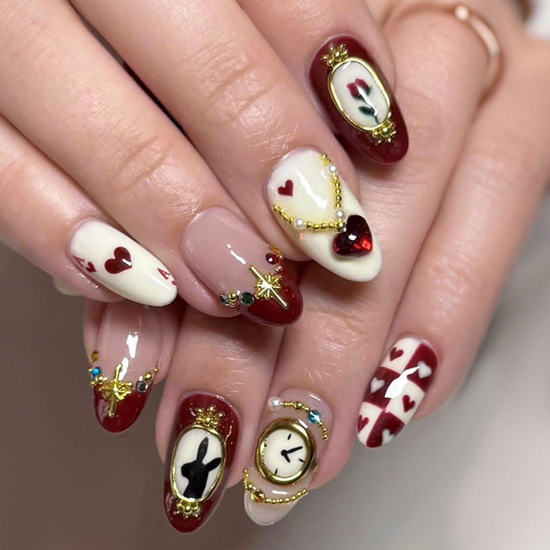 TEMU A Set Of 24 Stylish Red And White Nails A Theme, Featuring Medium Almond Shape, 3d Gemstone, Clock, Rabbit, And Rose Decorations. Perfect For Valentine's Day And Suitable For Chic Formal Events