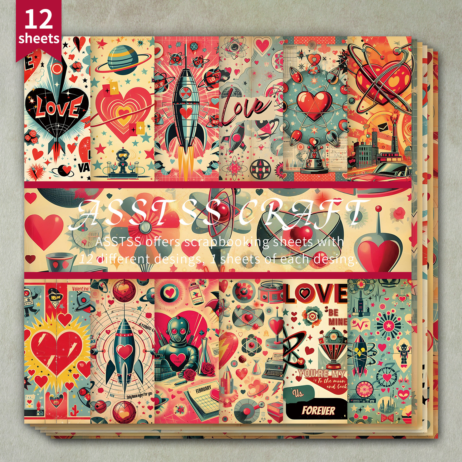 TEMU Asstss 12-sheet 6x6 Scrapbooking Paper Pad - Heavyweight Cardstock With Retro , Valentine's Day Collage Sheets Suitable For Journaling, Greeting