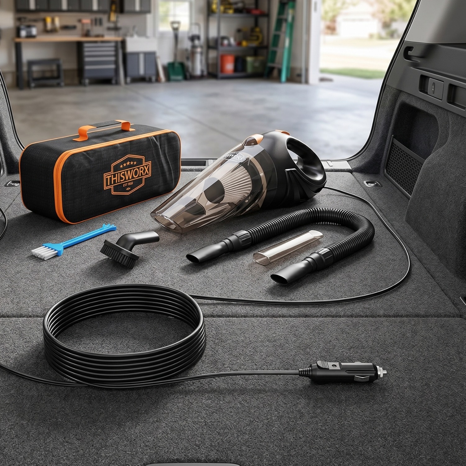 Thisworx Car Vacuum Cleaner Portable Handheld Vacuum Kit - High Power Auto Interior Cleaner With 3 Attachments, 16ft Power Cord, Storage Bag For Car Detailing - Black