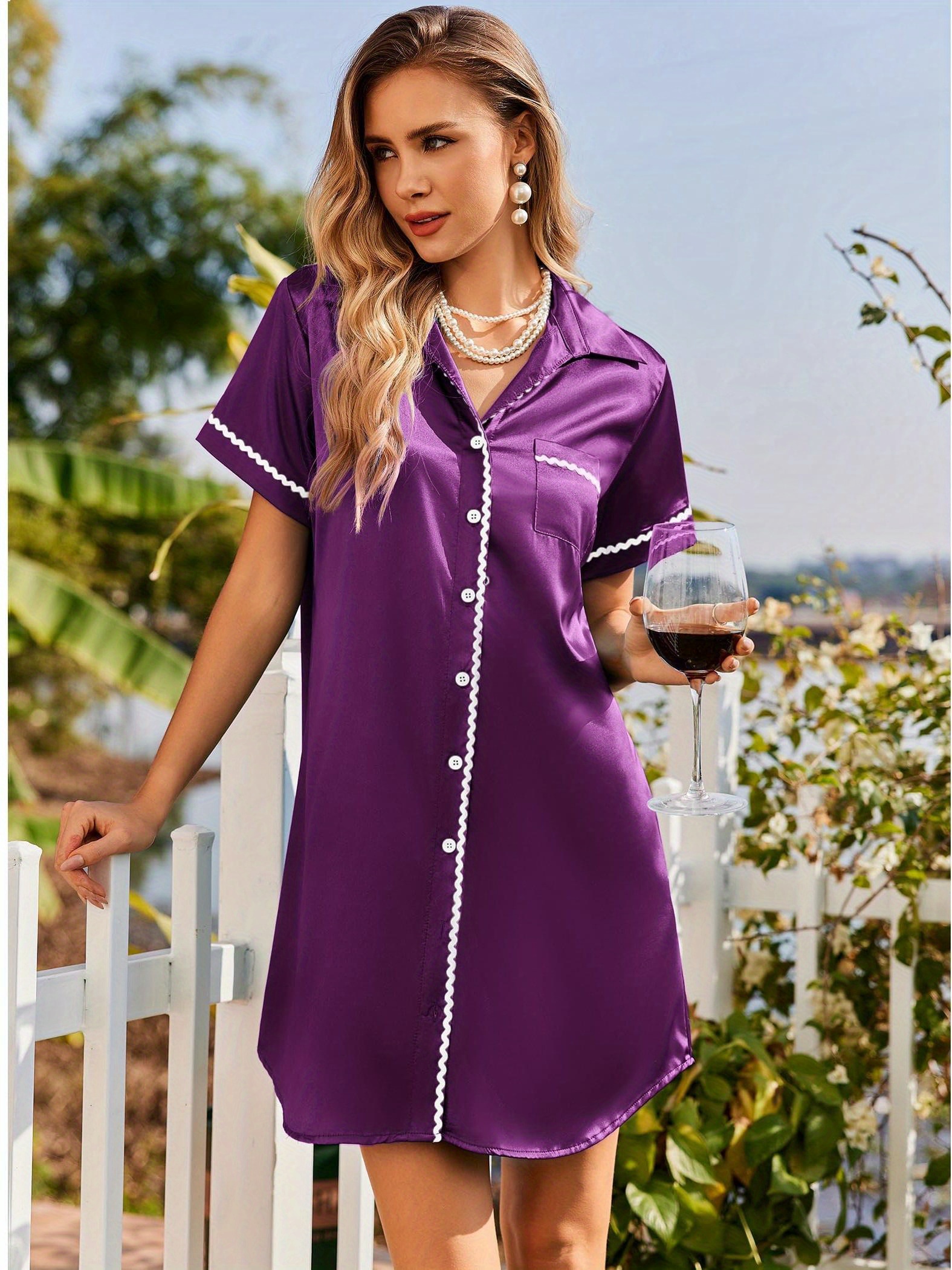 Silky Nightgown for Women Button Sleepshirt Short Sleeve Nightshirt Satin  Sleepwear Nightdress S-XXL