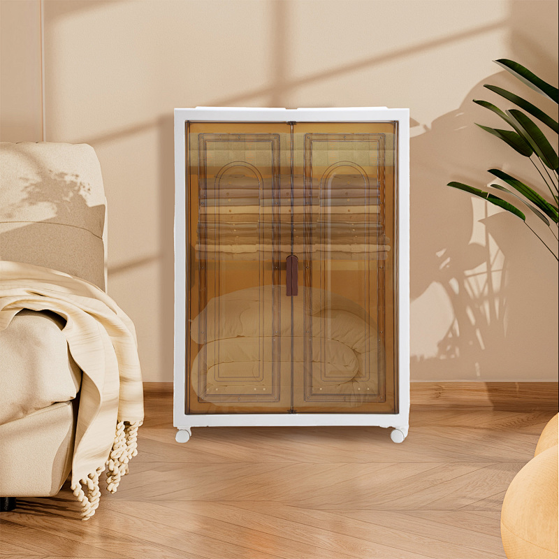 Image of Storage Box With Lid With Doors & Wheels Foldable Portable Boxes Cupboard Transparent Three-grid 3fl Large High Capacity Storage 70*47.5*98.5cm White 310l
