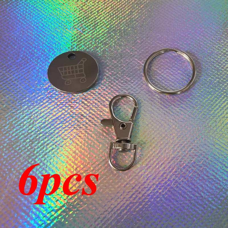 TEMU 6pcs (2pcs Keychain And 2pcs Key Ring And 2pcs Round Tag) Stainless Steel Supermarket Cart Token, Anti-loss Token Set Key Chain Pendant, Key