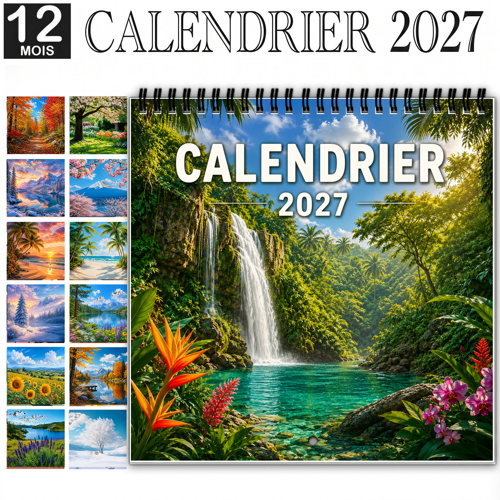 TEMU French Version - 1pc 2027 Landscape Wall Calendar With Monthly , Beautiful Mountains, Forests, Lakes, , And Seasonal Nature Scenery, Large Date