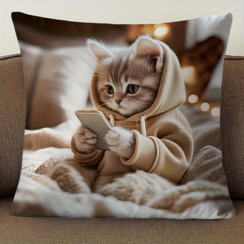 TEMU 1 Cute Cat Print Design Pillowcase With Zipper Closure, Single-sided Short Plush, Suitable For Home, Office, Sofa, Bed, And Car Decor - An Ideal