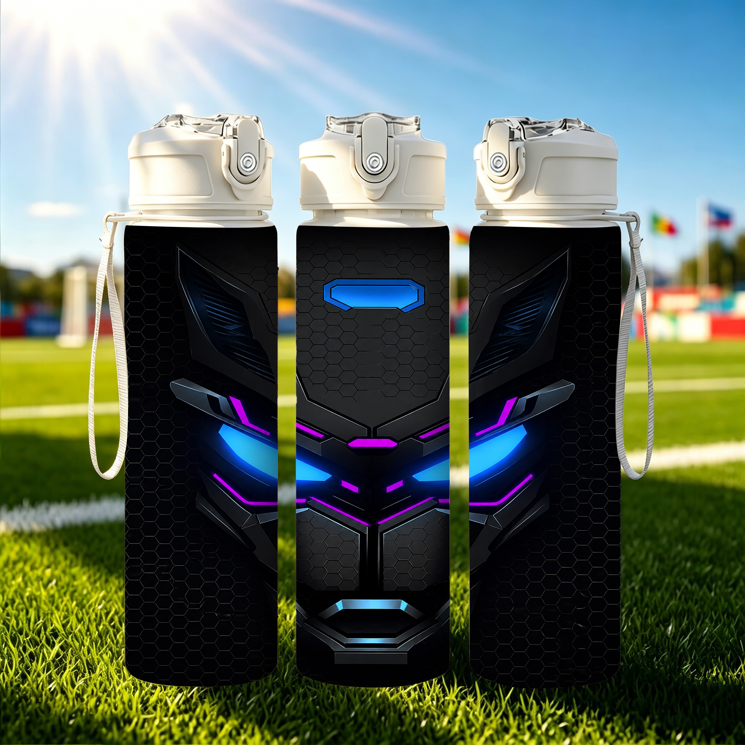 TEMU 1pc Helmet Pattern Cyberpunk Style 750ml/26oz Plastic Sports Water Bottle, Cute Print, Leak-proof With Pop-up Lid, Lightweight, Sturdy And