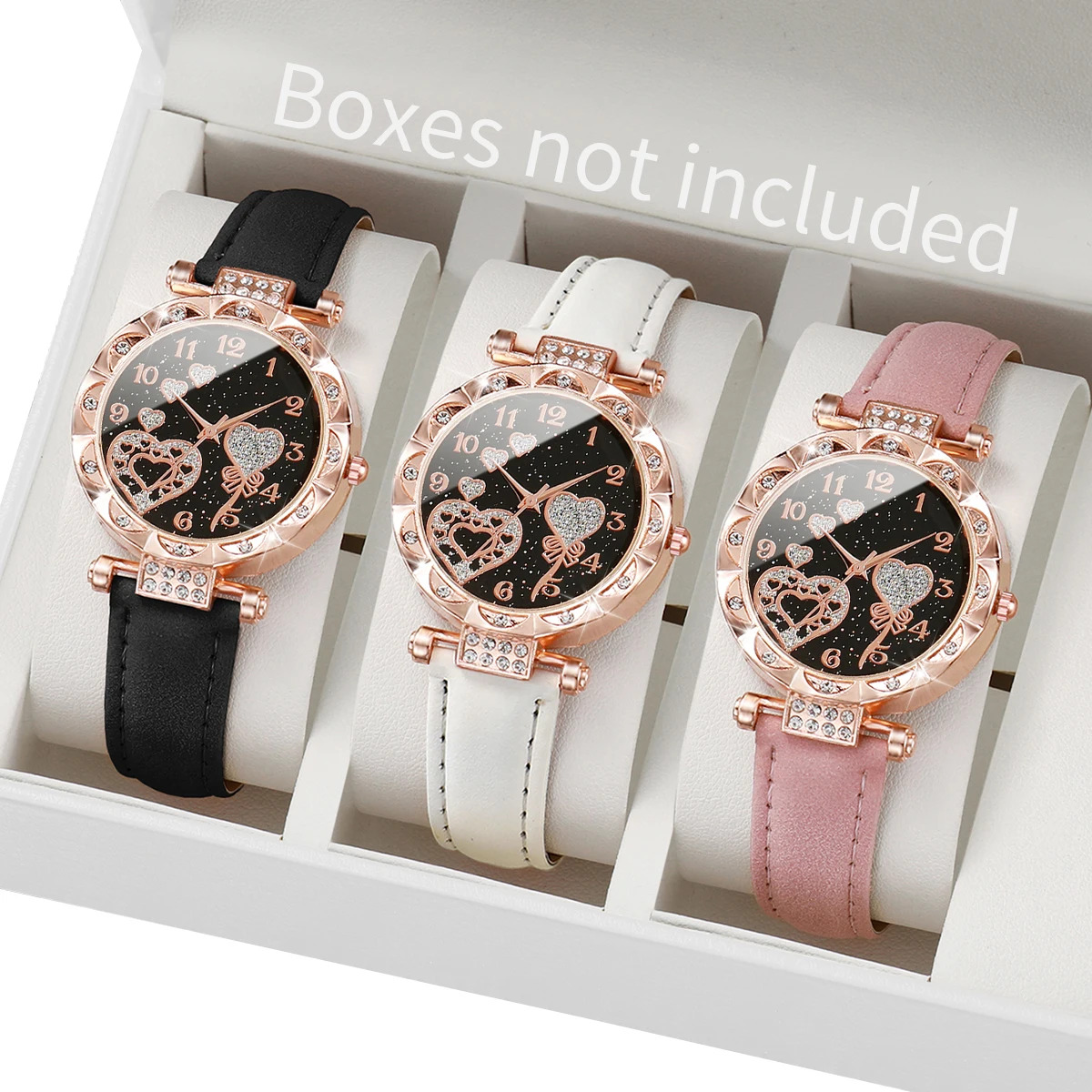 3pcs/set Elegant Women's Watch, Heart-shaped Dial, Faux Leather Strap Quartz Ladies Watch Set