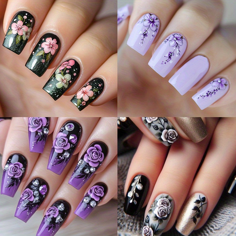 TEMU 96pcs (4 Pack) Purple Press On Nails Spring Fake Nails Purple False Nails Long Square Acrylic Nails Full Cover Glossy Stick On Nails For Women Spring Summer Nail Art Decor