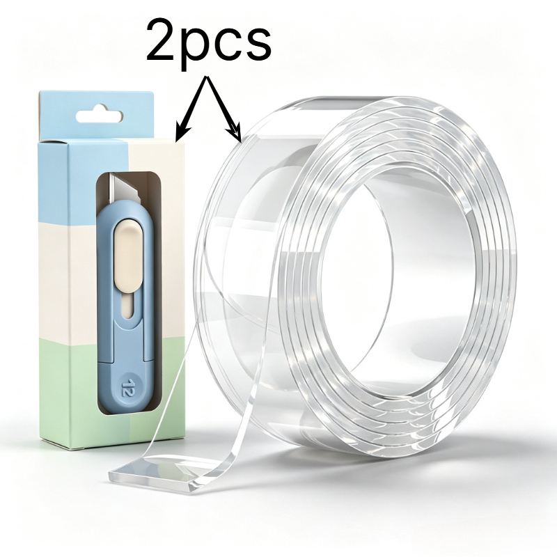 TEMU 2pcs Heavy Duty Double Sided Tape With Cutter, Removable Waterproof Gel Tape No Residue, Clear Strong Adhesive Strips For Hanging Pictures,
