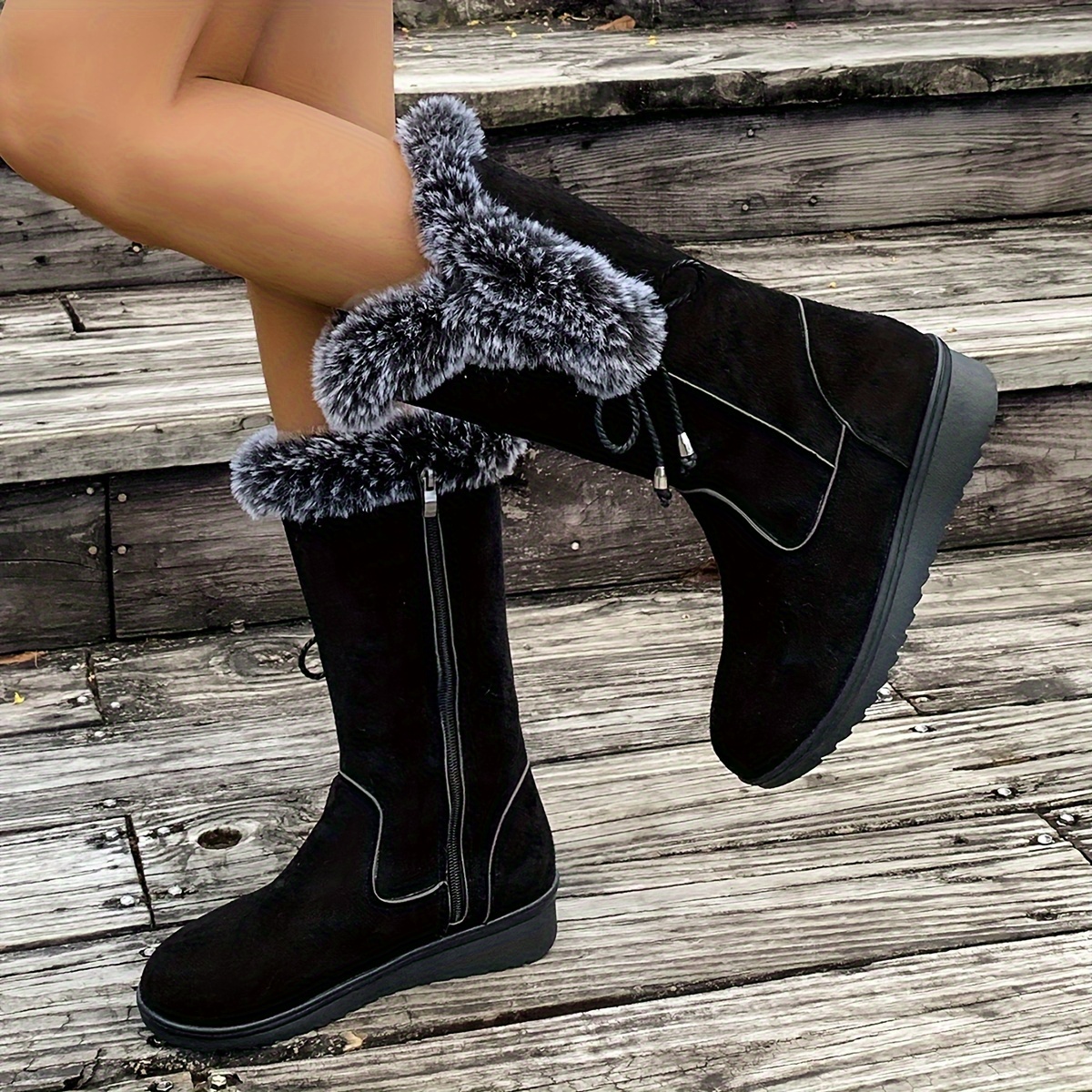 TEMU Time Hoo Autumn/winter New Style Plush Velvet Thickened Mid-calf Snow Boots For Women, Wedge Heel With Side Zipper, Cold-proof And Warm Shoes,