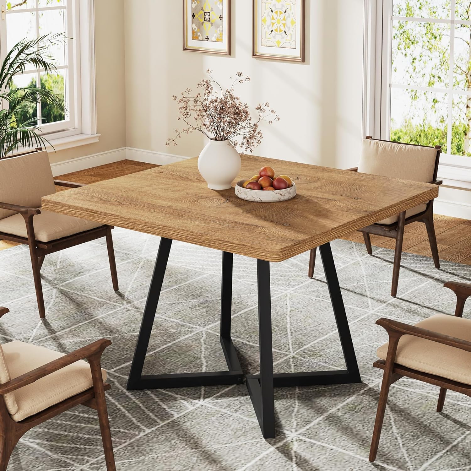 Image of Square Dining | " Modern Dinner Table With Metal Base, Kitchen Table For Dining Room, Small Space, Apartment, Natural & Black, Wood Top, Stainless , Weather Resistant, Farmhouse Style By Fnova