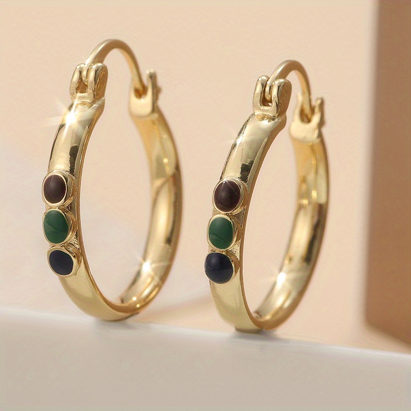TEMU 1 Pair Of Fashionable And Easy Earrings, Set With 3 Colorful Synthetic Zircons, Exuding A Unique , Making Them Perfect For Restaurant Dates And