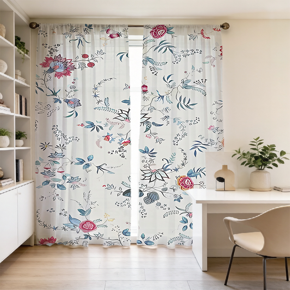 2 cortinas de estilo vintage con estampado de rosas entrelazadas y coloridas. Presentan un diseño para barra y tela semitransparente. Adecuadas para salas de estar, dormitorios, baños, etc. Ideales como decoración navideña o regalo.
