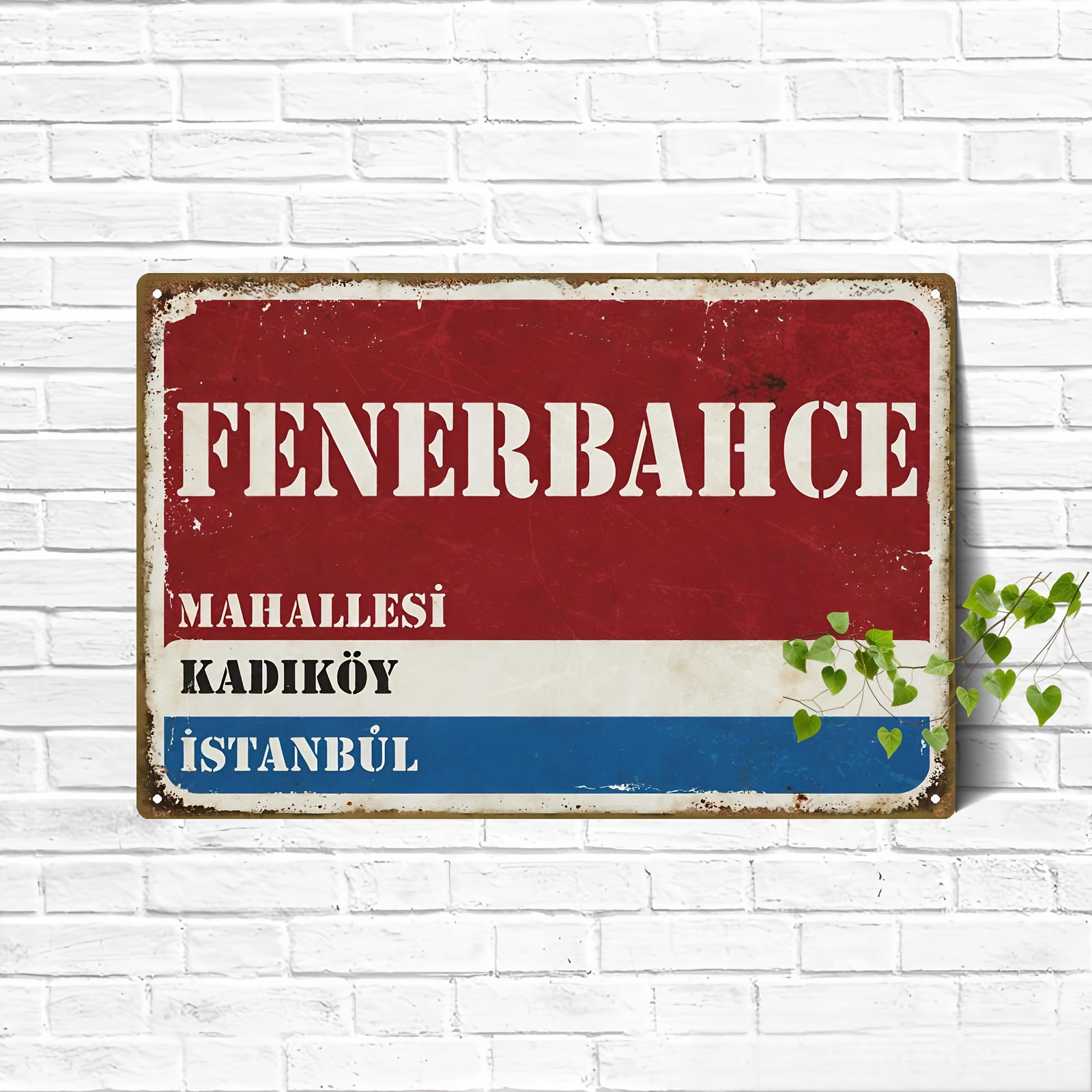 TEMU 2d Flat, 1pc, Vintage Istanbul Street Sign Metal Wall Decoration - Worn Turkish Tricolor & Kadıköy Design, Rustic 20.32x30.48 Cm Metal Plate For