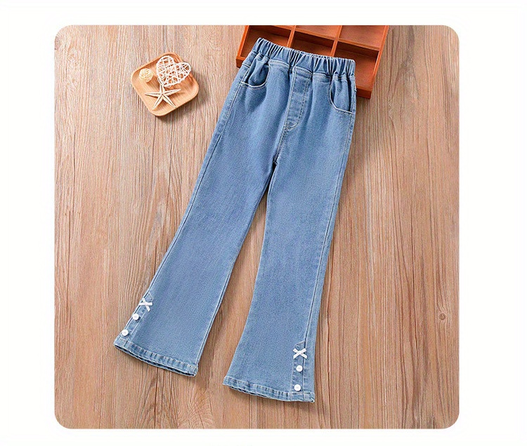 girls   fit wide leg jeans with pearl embellishments   to large size stretch denim casual pants for kids teens machine washablespring summer fall trousers girls jeans comfortable playwear decorative pearl accents durable jeans Product details 3