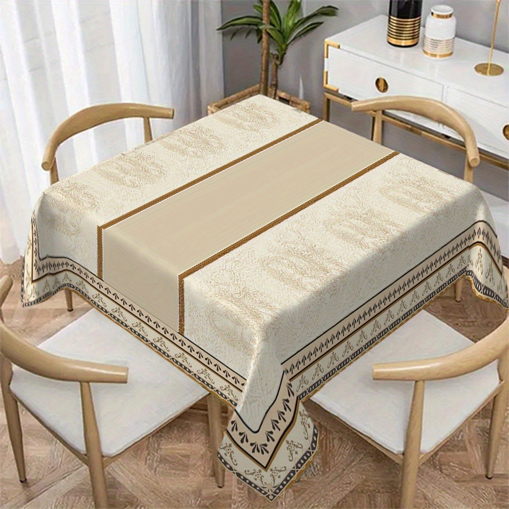 TEMU 1pc Elegant Vintage Tablecloth Suitable For Home, Rectangular Or Square Table Cover With Golden Geometric Stripes & Beige/cream Design, Durable
