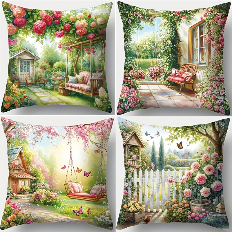 TEMU 4pcs, Spring Theme Pillowcase With Swing, Flower And Bench Pattern, Warm And Comfortable, Beautiful And Practical, Suitable For Home Sofa